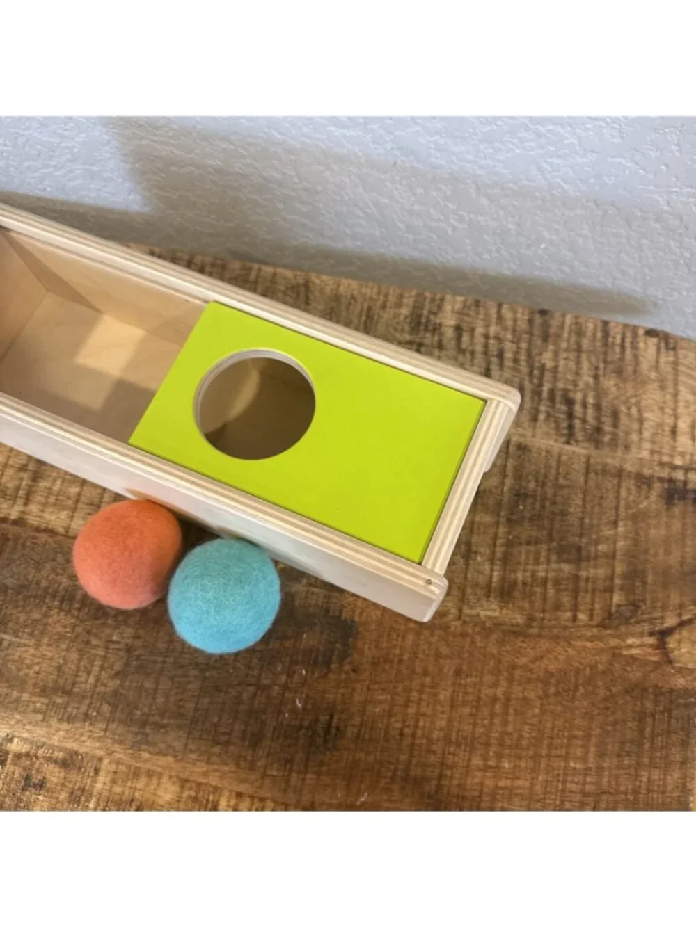 Lovevery Top Sliding Box With Felt Ball Drop Wooden Toy Montessori Sensory Balls